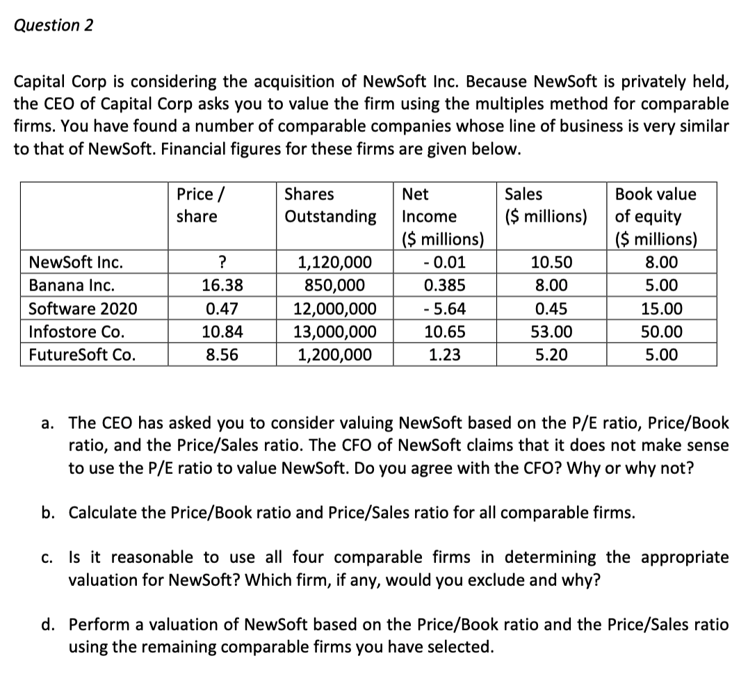  Please show all formulas/calculations. Thanks! Question 2 Capital Corp is considering