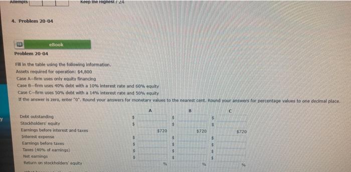  Attempts Keep the Highest 24 4. Problem 20-04 12 eBook Problem
