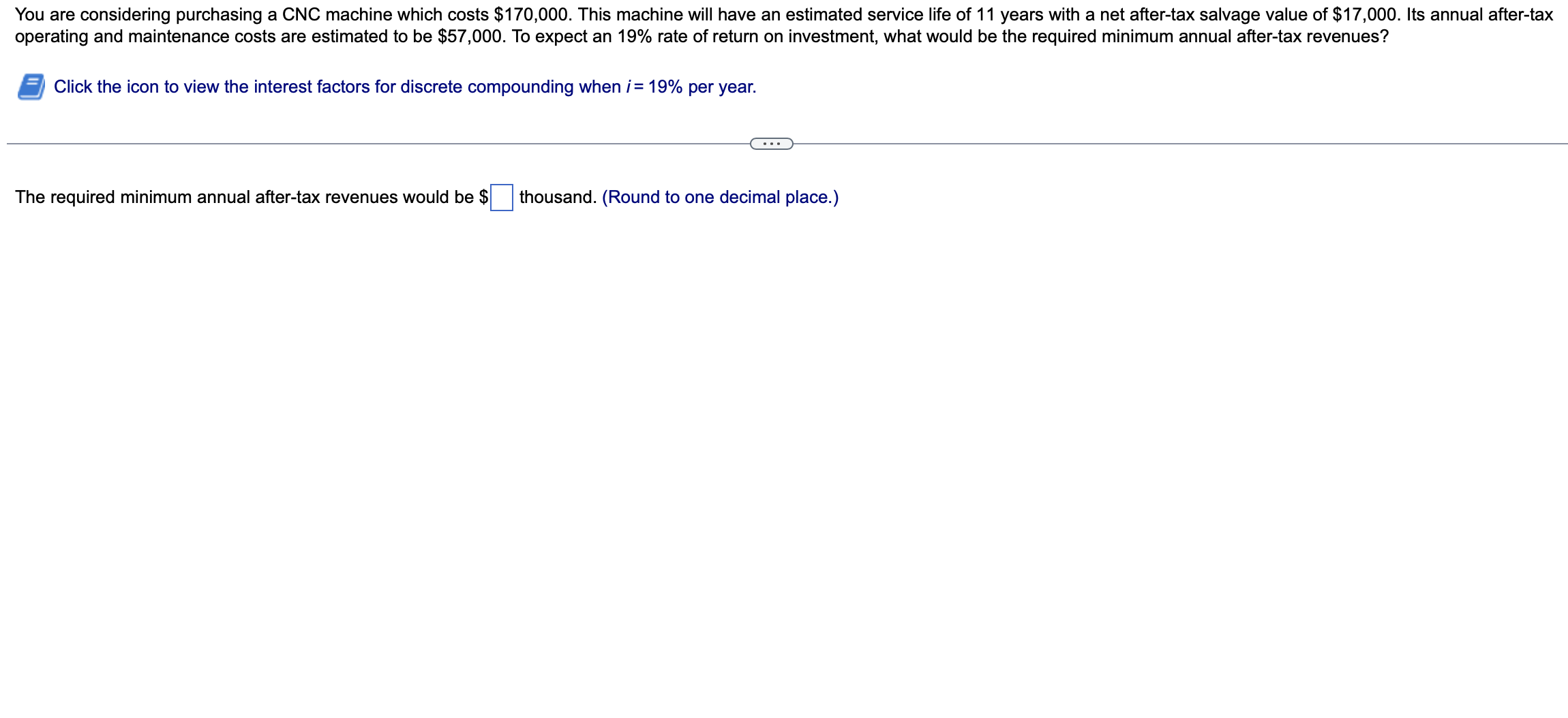 You are considering purchasing a CNC machine which costs $170,000. This