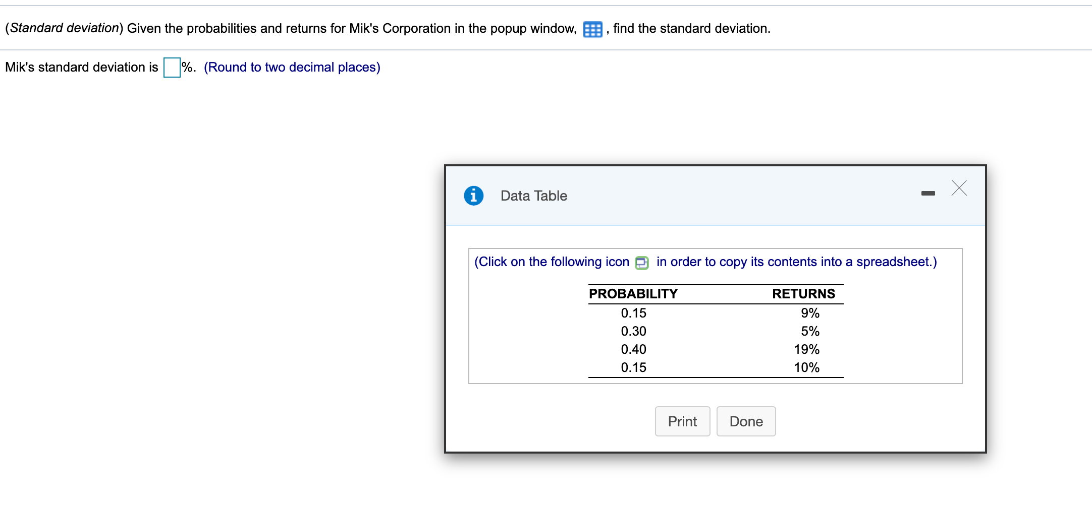 (Standard deviation) Given the probabilities and returns for Mik's Corporation in