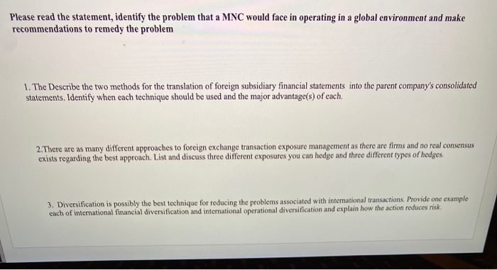 please answer all questions listed and show work Please read the statement,