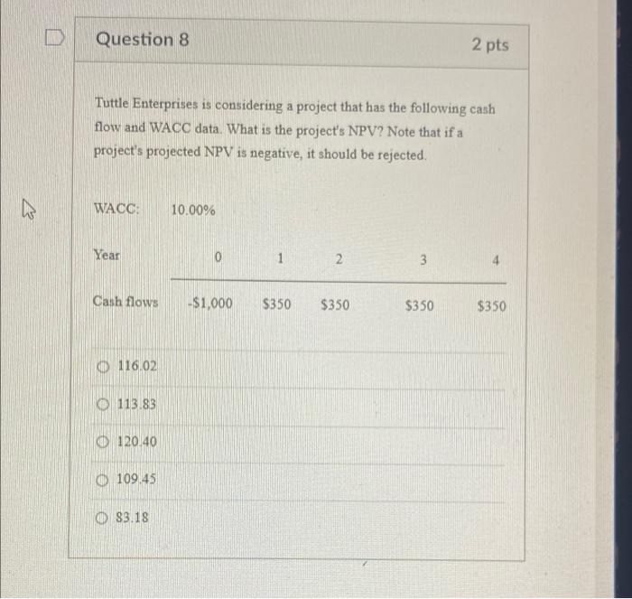  D Question 8 2 pts Tuttle Enterprises is considering a project