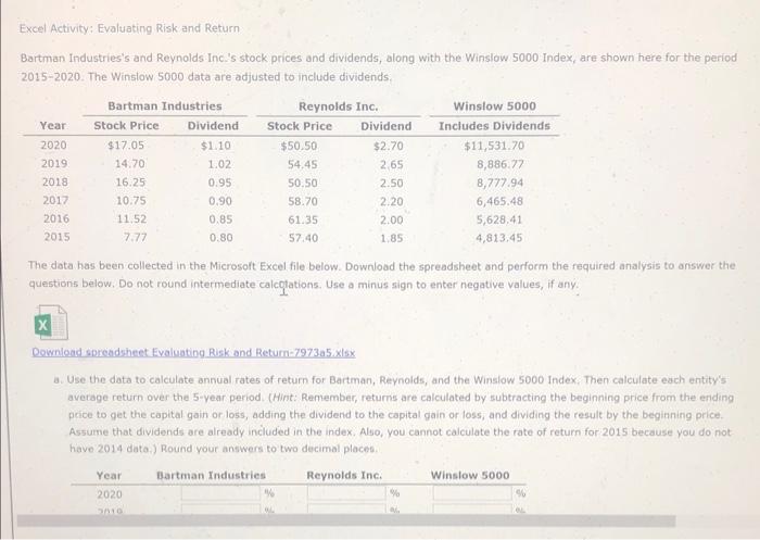 immediate thumbs up. thanks! Excel Activity: Evaluating Risk and Return Bartman