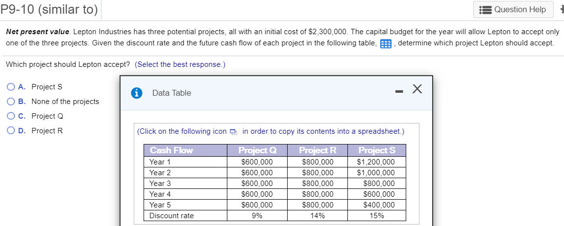  P9-10 (similar to) 13 Question Help Net present value. Lepton Industries