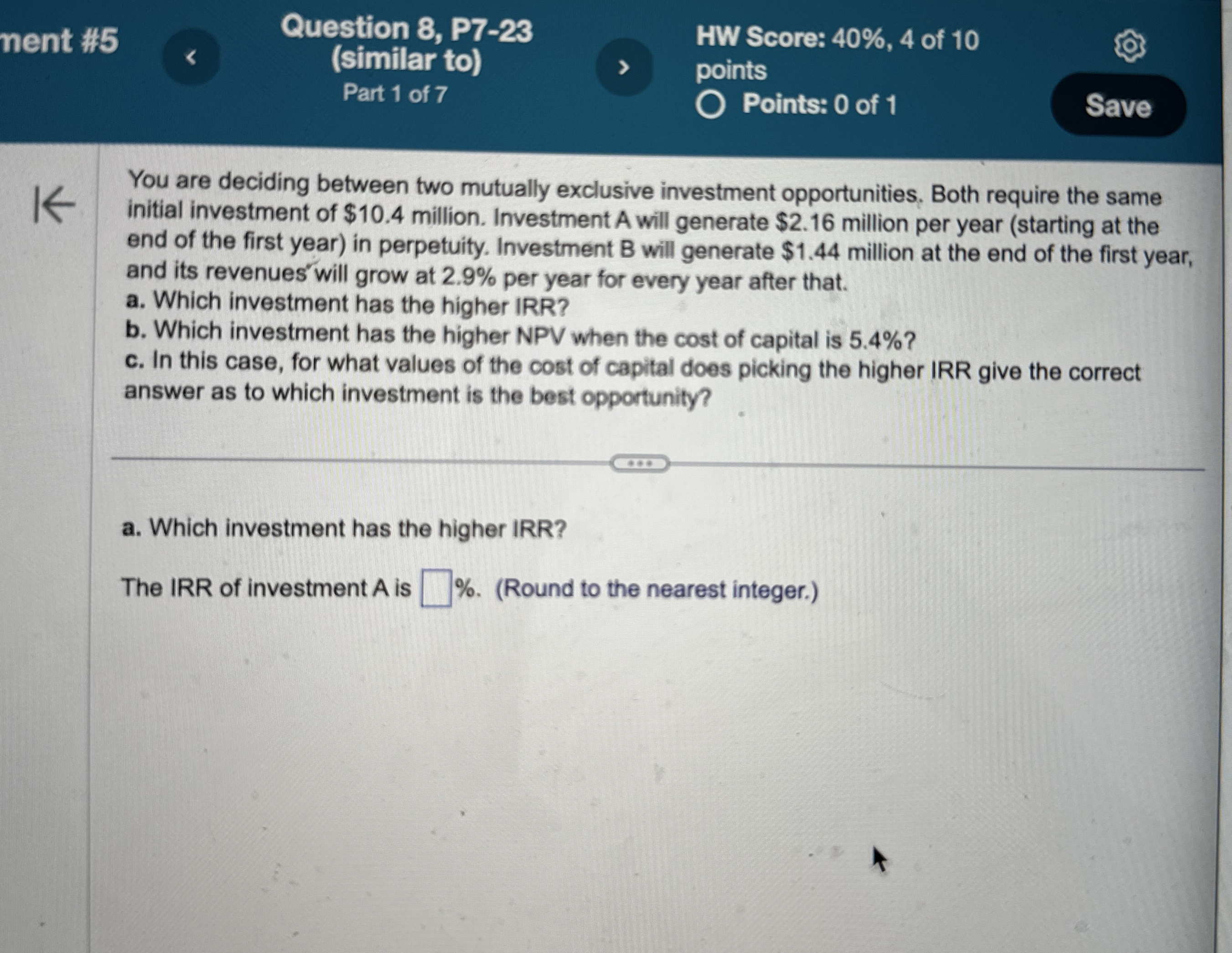  nent #5 Question 8, P7-23 HW Score: 40%,4 of 10 (similar