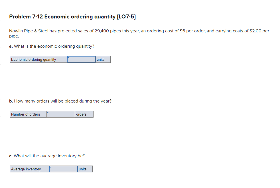  Problem 7-12 Economic ordering quantity (LO7-5] Nowlin Pipe & Steel has