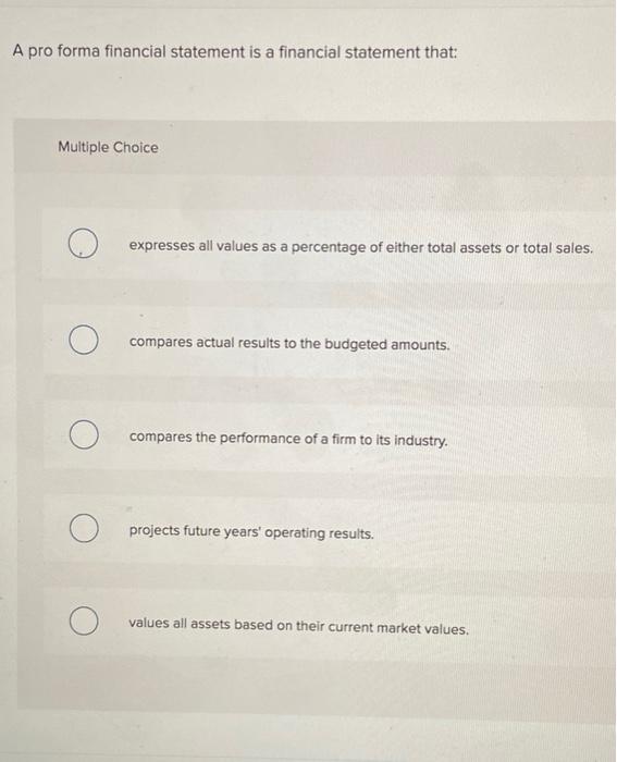  A pro forma financial statement is a financial statement that: Multiple