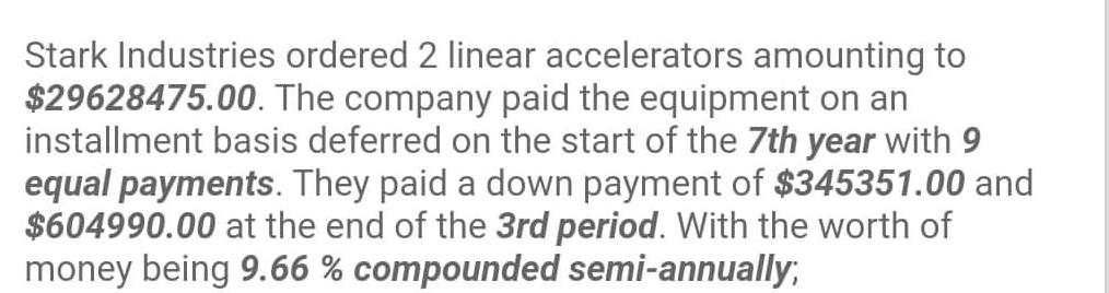 Stark Industries ordered 2 linear accelerators amounting to $29628475.00. The company