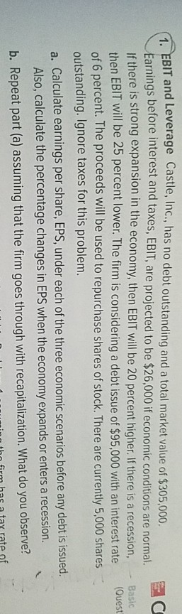 please show work EBIT and Leverage Castle, Inc., has no debt