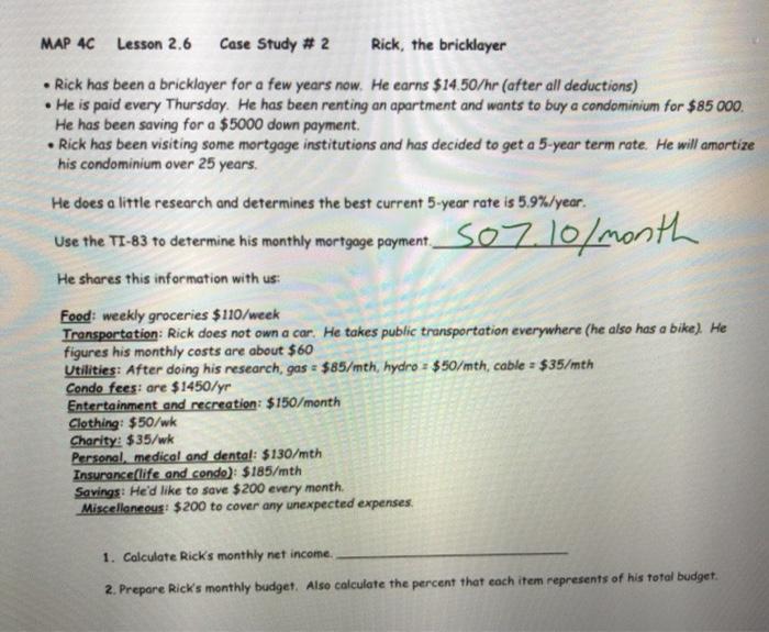  MAP 4C Lesson 2.6 Case Study # 2 Rick, the bricklayer