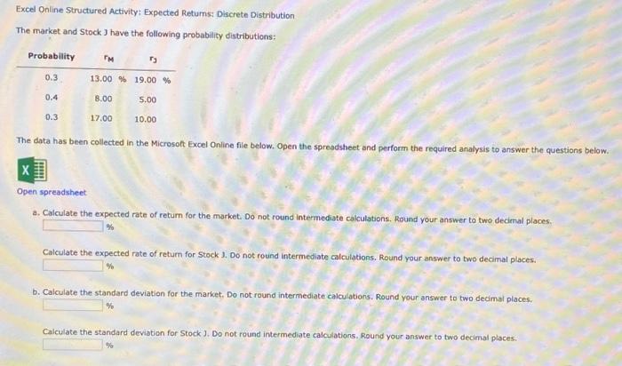 Question help! Excel Online Structured Activity: Expected Retums: Discrete Distribution The market
