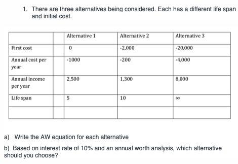 not using excel please solve: 1. There are three alternatives being considered.