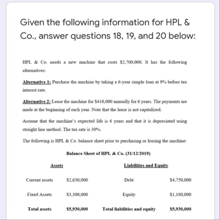 Given the following information for HPL & Co., answer questions 18,