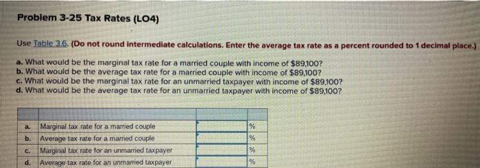  Problem 3-25 Tax Rates (L04) Use Table 3.6. (Do not round