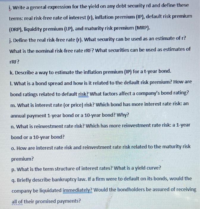  i. Write a general expression for the yield on any debt