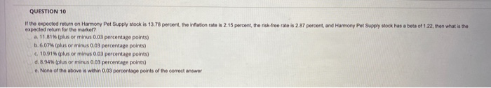  QUESTION 10 If the expected return on Harmony Pet Supply stock
