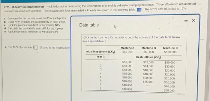  NPV Mutually exclusive projects Hook Industries is considering the replacement of