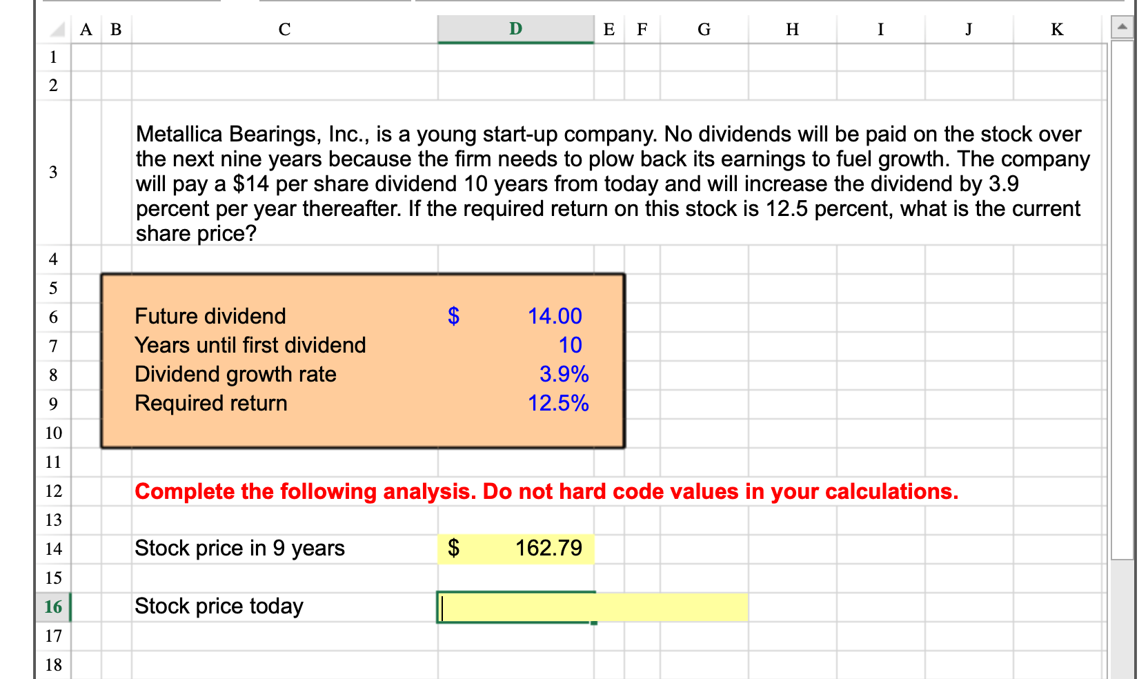 Please solve for Stock price today using Excel functions. A B