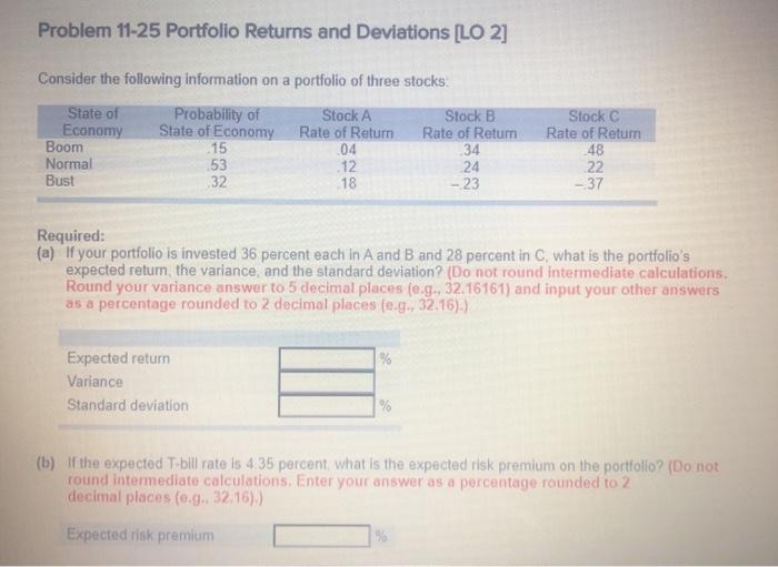  Problem 11-25 Portfolio Returns and Deviations [LO 2] Consider the following