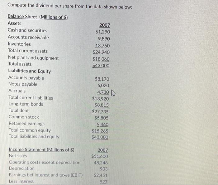  Compute the dividend per share from the data shown below: $0.65$0.69$0.73$0.79$0.85