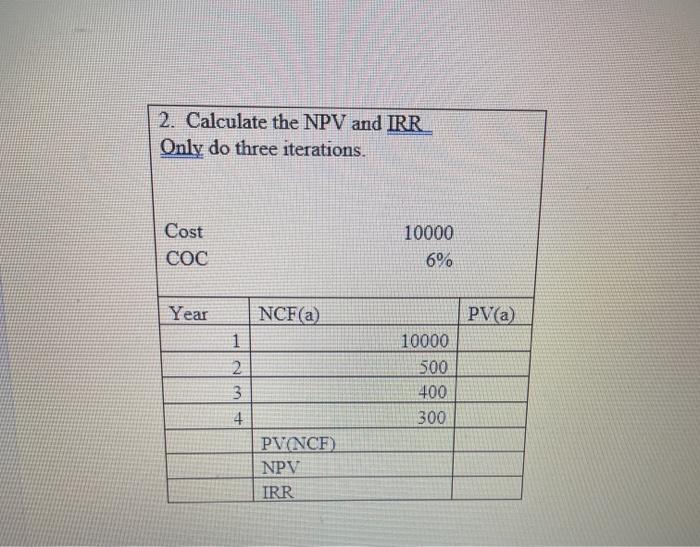  2. Calculate the NPV and IRR Only do three iterations. Cost