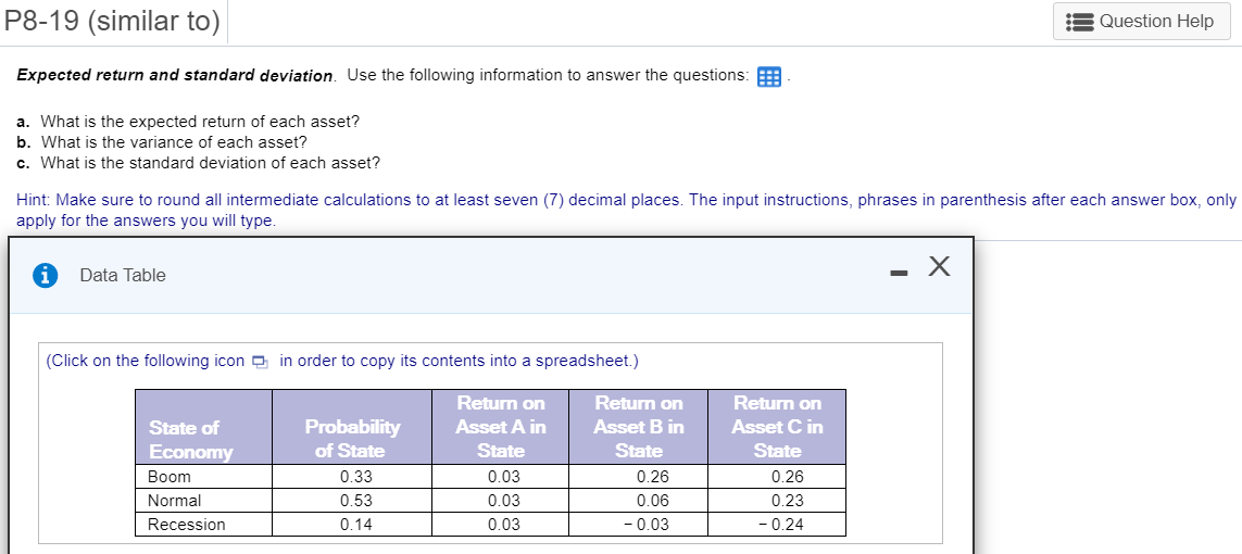 P8-19 (similar to) Question Help Expected return and standard deviation. Use