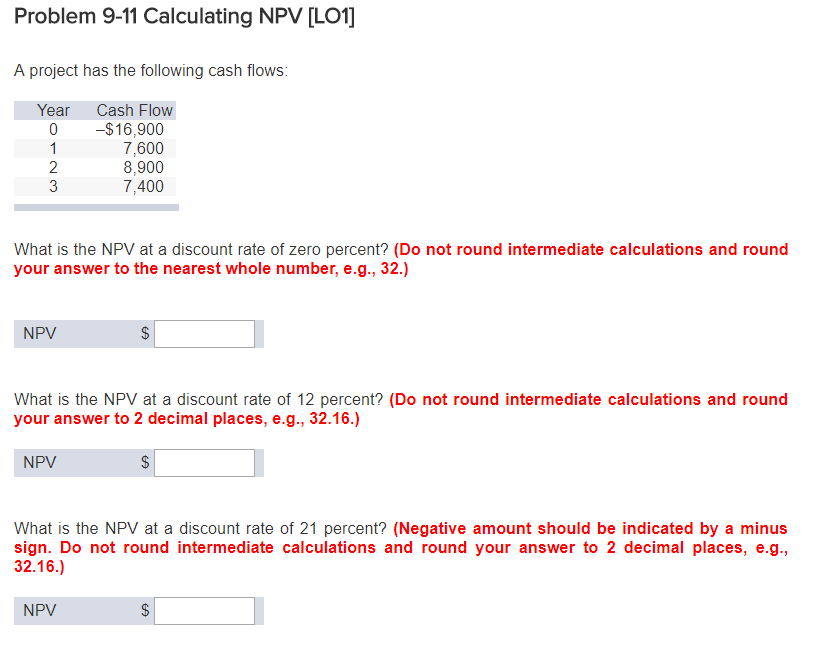 Problem 9-11 Calculating NPV [Lo1 A project has the following cash