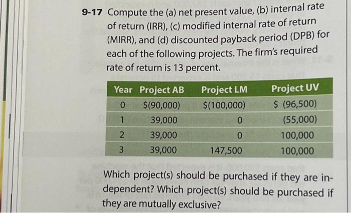  9-17 Compute the (a) net present value, (b) internal rate of