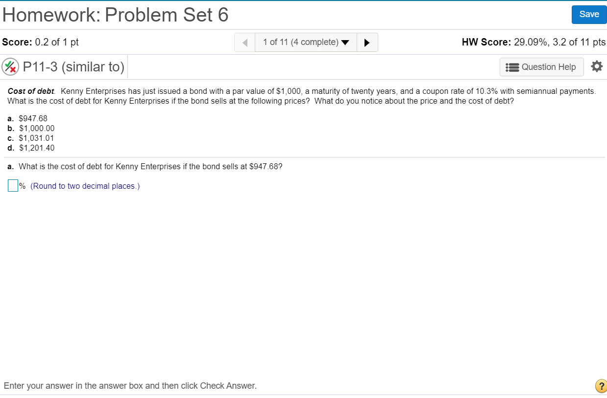 please provide cost of debt for ABCD Homework: Problem Set 6 Save