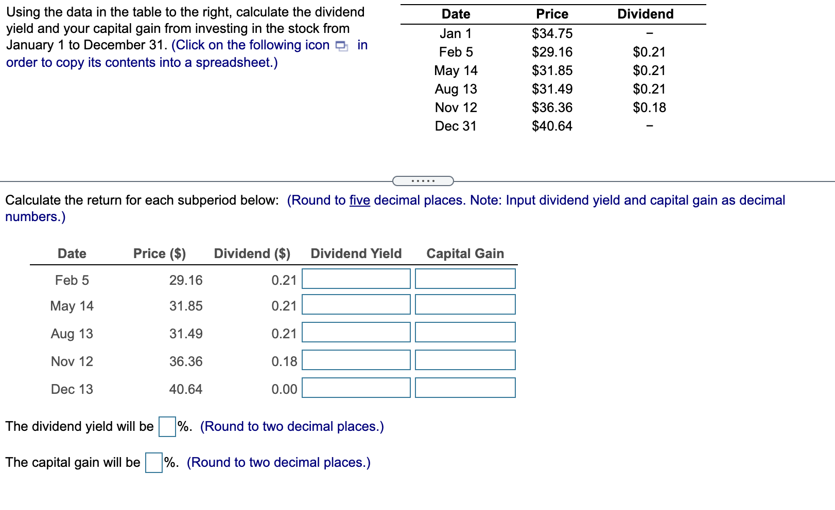  Dividend Using the data in the table to the right, calculate
