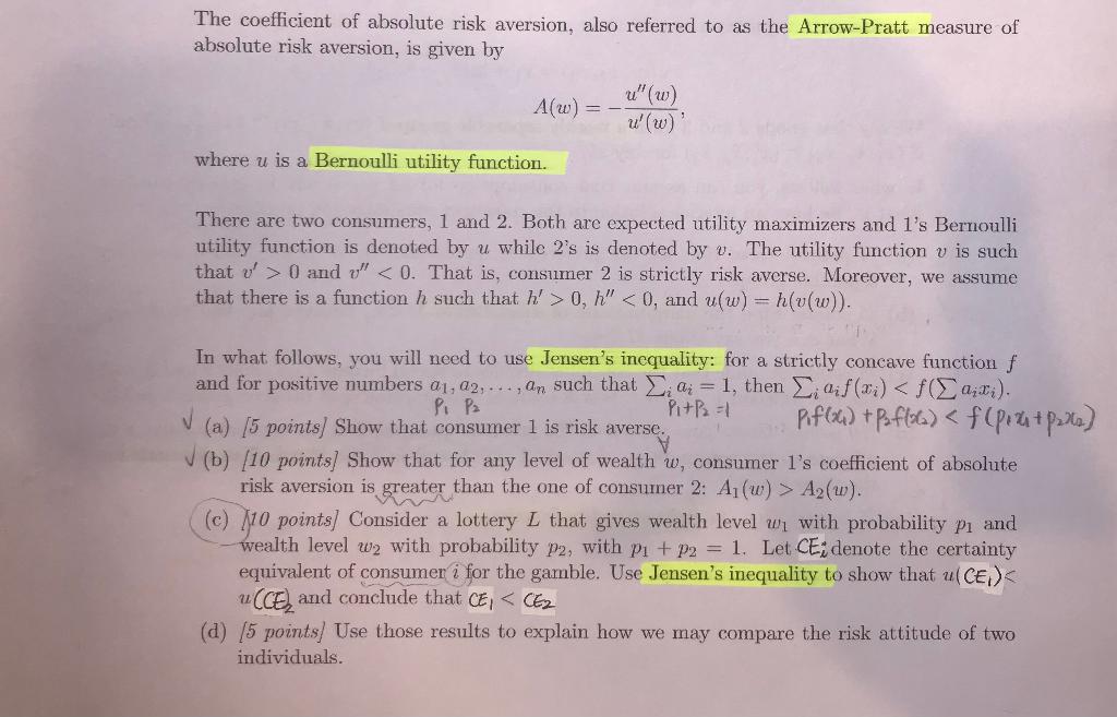 Please solve problem (c) only! FYI, u(CE) = E(u(L) = p1u(w1)