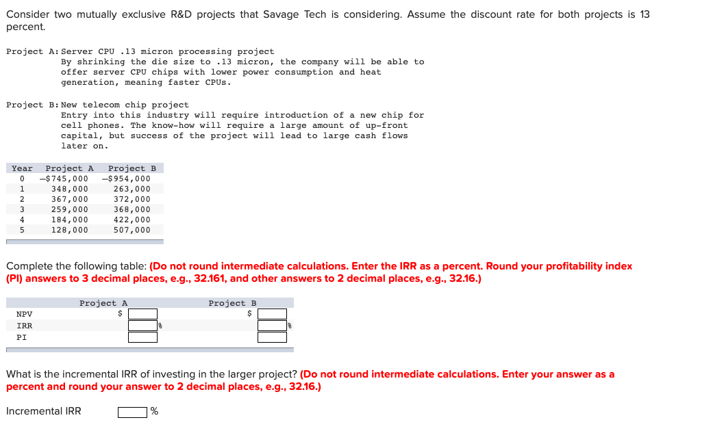  Consider two mutually exclusive R&D projects that Savage Tech is considering.