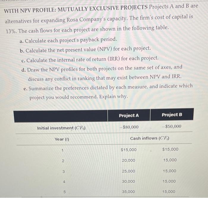 simplest calculations if possible WITH NPV PROFILE: MUTUALLY EXCLUSIVE PROJECTS Projects A
