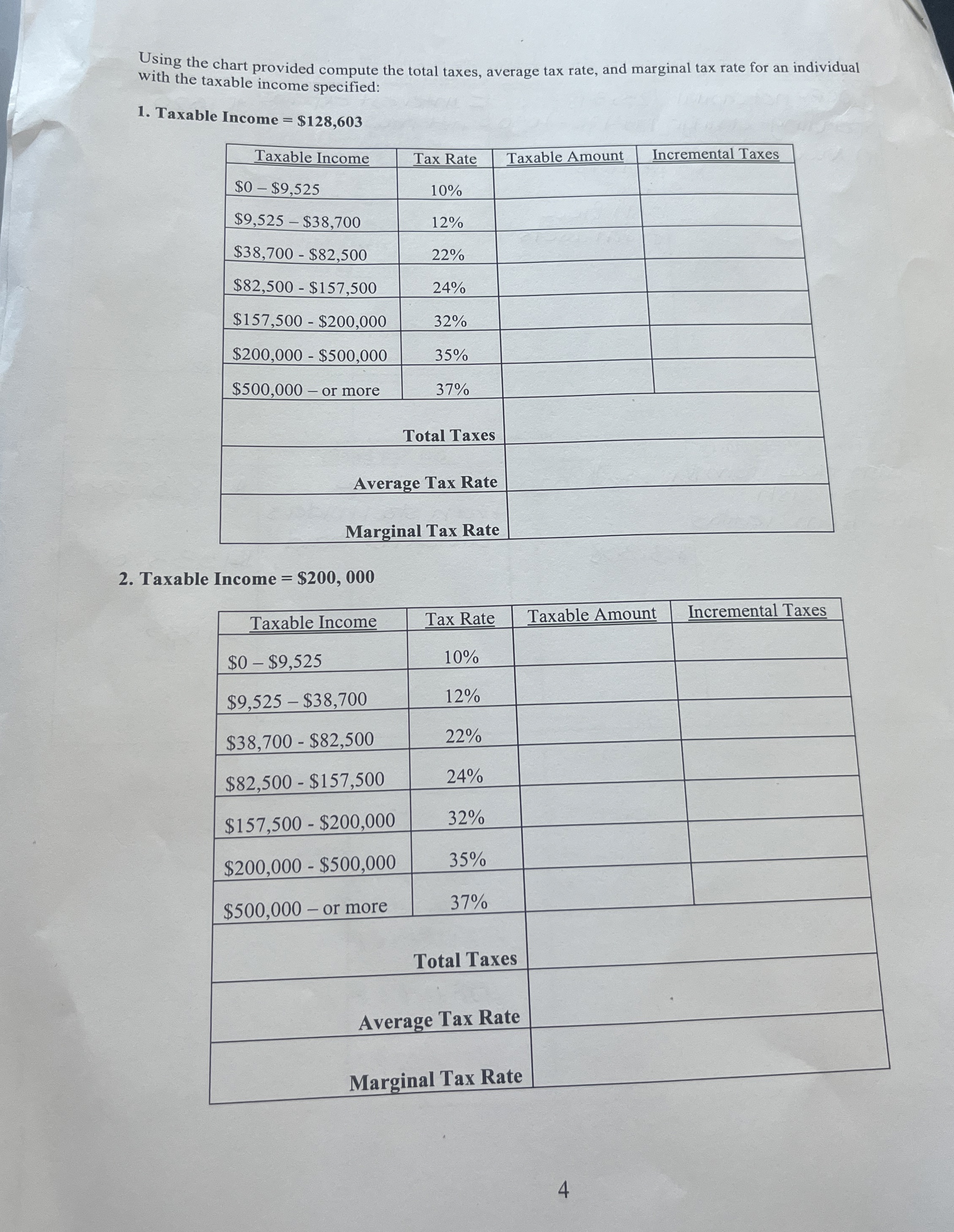  Using the chart provided compute the total taxes, average tax rate,