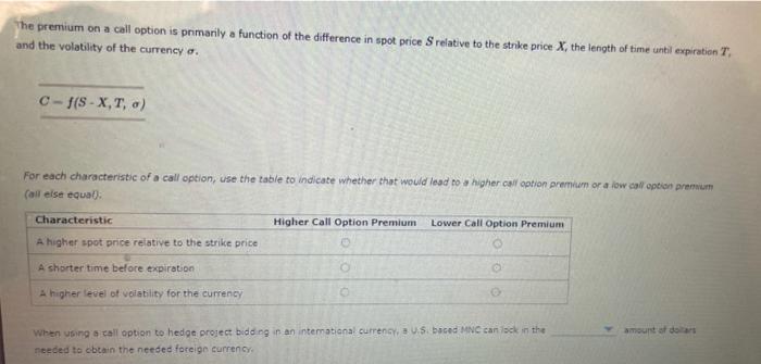  The premium on a call option is primarily a function of