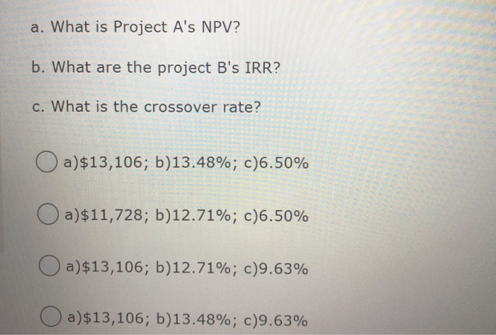 the following cash flows and a WACC of 6.50%. Year Project A