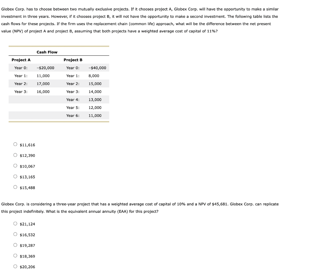  Globex Corp. has to choose between two mutually exclusive projects. If
