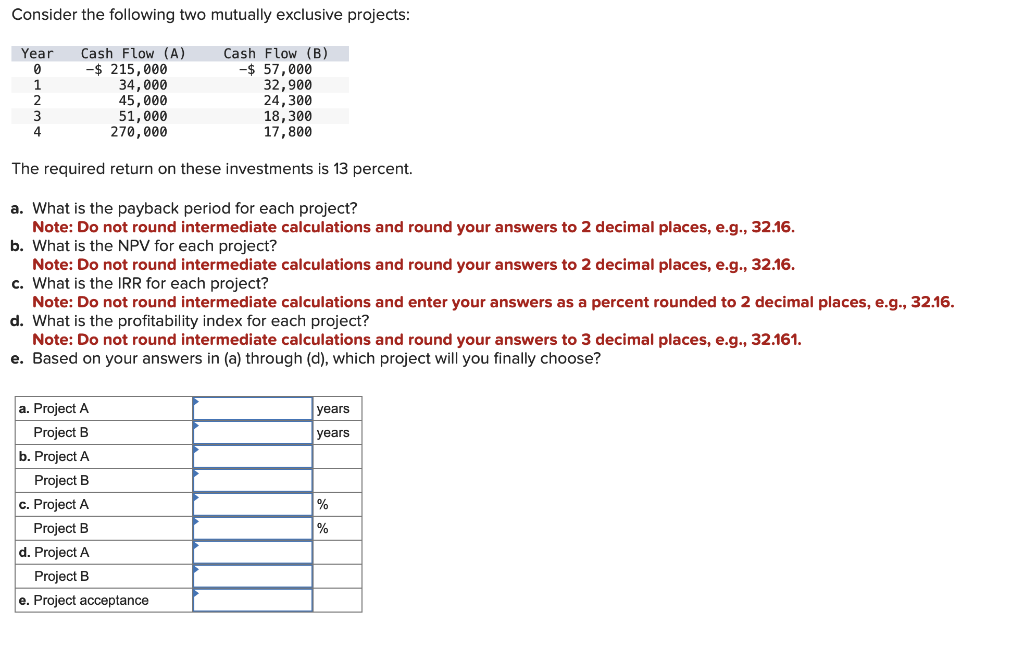  Consider the following two mutually exclusive projects: The required return on