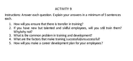  ACTIVITY 9 Instructions: Answer each question. Explain your answers in a
