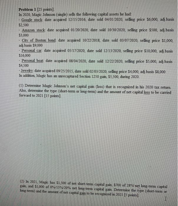 help . . Problem 1 [25 points) In 2020, Magic Johnson (single)