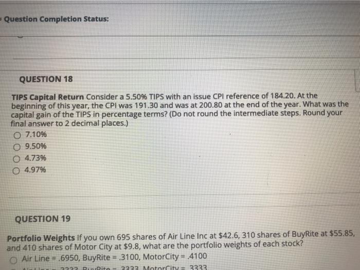  Question Completion Status: QUESTION 18 TIPS Capital Return Consider a 5.50%