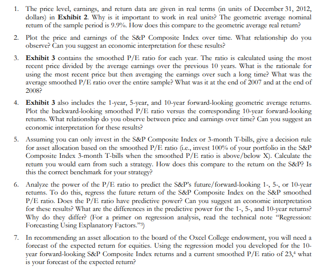  1. The price level, earnings, and return data are given in