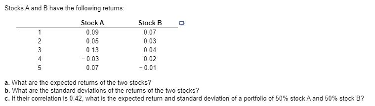 need help tonight please Stocks A and B have the following