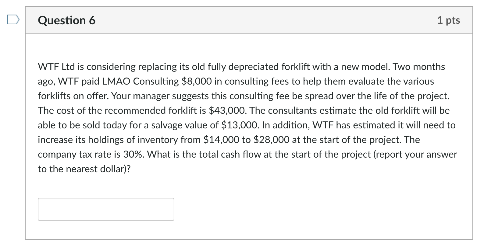  Question 6 1 pts WTF Ltd is considering replacing its old