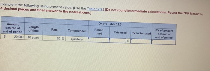  Complete the following using present value. (Use the Table 12.3.) (Do