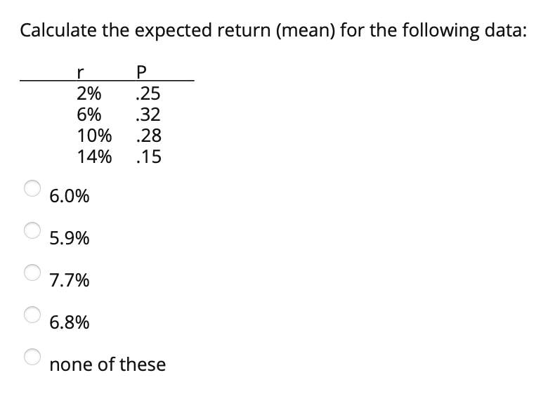  Calculate the expected return (mean) for the following data: r 2%