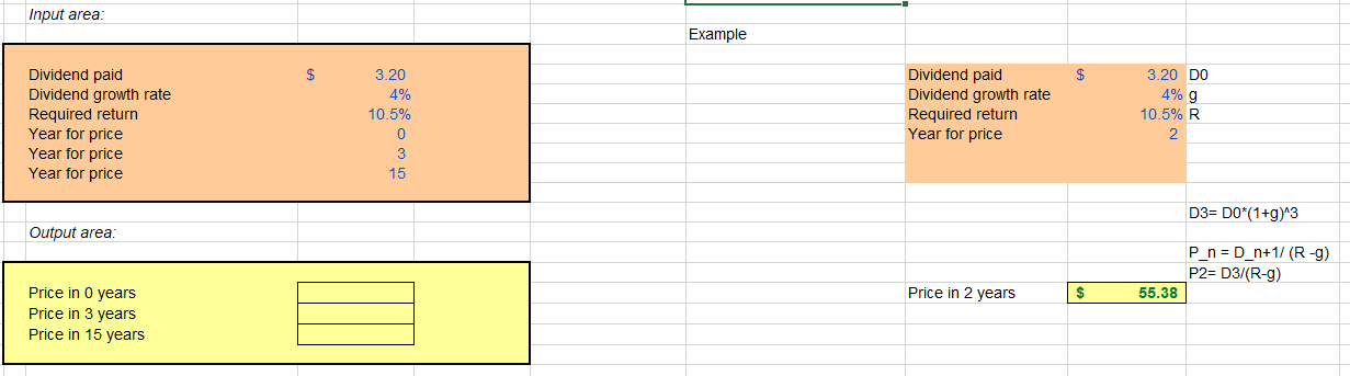  Input area: Example $ Dividend paid Dividend growth rate Required return