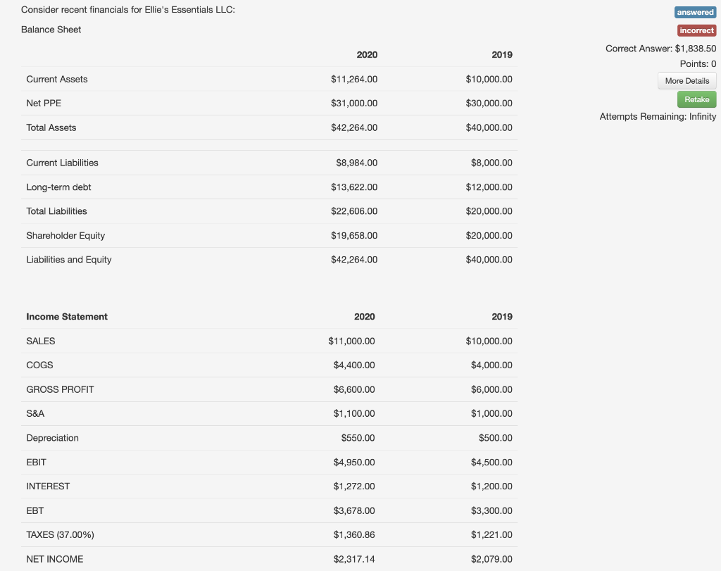  Consider recent financials for Ellie's Essentials LLC: Balance Sheet Correct Answer: