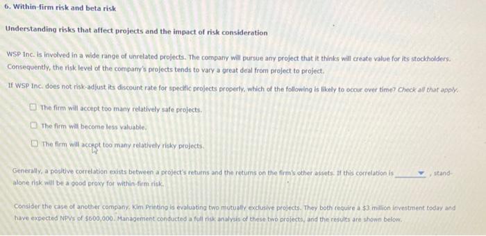  6. Within-firm risk and beta risk Understanding risks that affect projects