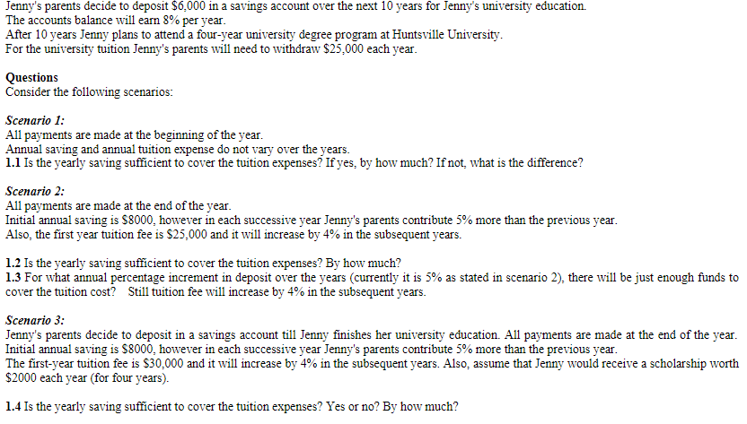 Please answer in Microsoft Excel. (provide excel file if possible) Jenny's parents